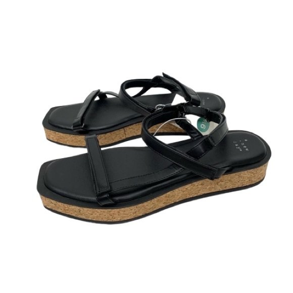 A New Day Nova Square Toe Tan Cork Platform Black Strappy Sandals Nwt Size 9.5 - Picture 1 of 15